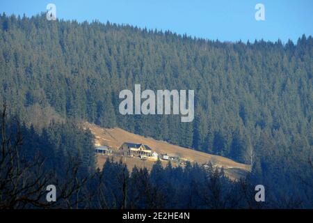 Non exclusif: VERKHOVYNA, UKRAINE - 12 JANVIER 2021 - les maisons sont perchées sur la pente dans une forêt du village de Verkhovyna, région d'Ivano-Frankivsk, wes Banque D'Images