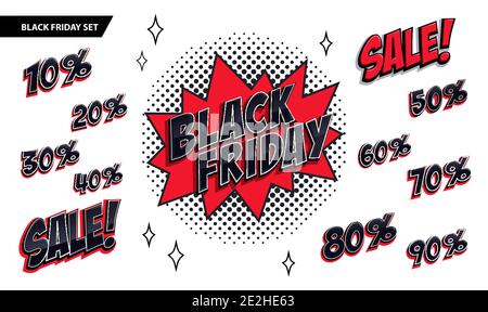 Solde du Vendredi fou. Le Vendredi fou et l'inscription à la vente ainsi que tous les chiffres pour cent. Noir et rouge. Bannière Web style BD pop-art, flash Illustration de Vecteur