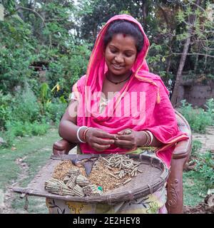 Village de Baranagar. Bengale-Occidental, Inde. Une femme qui fait des cigarettes locales dans la rue. Les grossistes de tabac distribuent dans les villages l'eQU nécessaire Banque D'Images