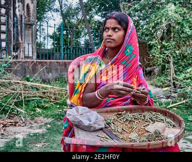 Village de Baranagar. Bengale-Occidental, Inde. Une femme qui fait des cigarettes locales dans la rue. Les grossistes de tabac distribuent dans les villages l'eQU nécessaire Banque D'Images