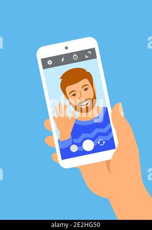 Concept moderne de selfie. Illustration vectorielle plate. Jeune homme posant pour selfie et tenant le smartphone dans sa main. Beau homme prend une photo de himsel Illustration de Vecteur