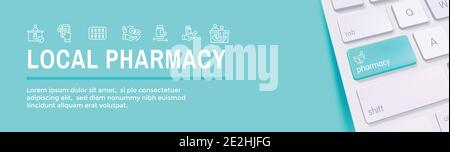 Ensemble d'icônes produits pharmaceutiques et médicaments avec bannière d'en-tête Web Illustration de Vecteur