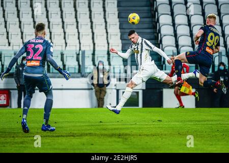 Merih Demiral de Juventus FC lors du match Coppa Italia entre Juventus et Gênes CFC au stade Allianz le 13 janvier 2021 à Turin, Italie. Les stades sportifs autour de l'Italie restent soumis à des restrictions strictes en raison de la pandémie du coronavirus, car les lois de distanciation sociale du gouvernement interdisent aux fans à l'intérieur des lieux, ce qui entraîne le jeu derrière des portes fermées. (Photo d'Alberto Gandolfo/Pacific Press/Sipa USA) Banque D'Images