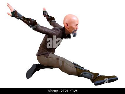 Rendu en 3D d'un vieil homme asiatique qui fait de l'exercice avec du kung fu isolé sur fond blanc Banque D'Images