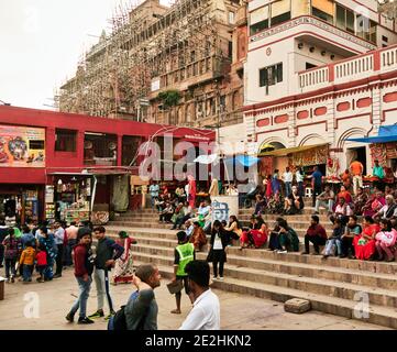 Varanasi (ex-Bénin), Uttar Pradesh, Inde . Dans les bâtiments en cours de restauration entourés par des échafaudages de bambou des colonies vivantes de singes qui partiques Banque D'Images