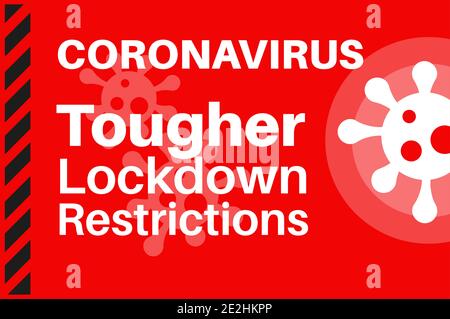 Coronavirus plus sévères nouvelles restrictions de verrouillage pour arrêter la propagation de COVID19 - Illustration avec logo de virus sur fond rouge. Illustration de Vecteur