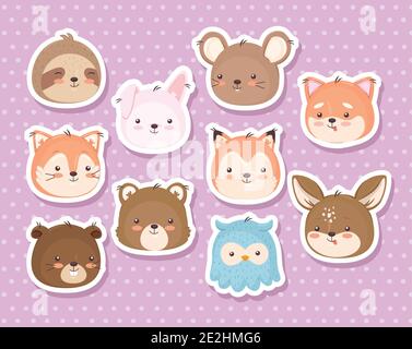 Kawaii animaux têtes dessins animés autocollants icône ensemble vecteur conception Illustration de Vecteur