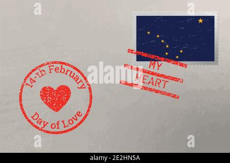Enveloppe de timbre-poste avec drapeau américain de l'Alaska et timbres de la Saint-Valentin, vecteur Illustration de Vecteur
