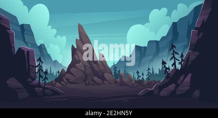 Paysage de montagne avec forêt et falaise solitaire. Illustration vectorielle du canyon avec des rochers et des pins. Scène nature avec crête de montagne, bois et roche dans la gorge Illustration de Vecteur