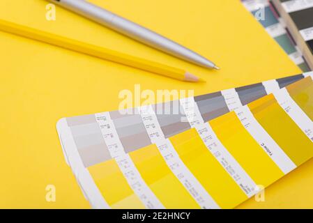 Palette de couleurs de l'année 2021 - jaune vif et gris neutre, mise en page, modèle de couleur Banque D'Images