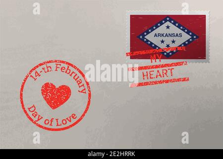 Enveloppe de timbre-poste avec drapeau des États-Unis de l'Arkansas et timbres de la Saint-Valentin, vecteur Illustration de Vecteur