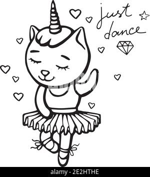 Adorable licorne de chat dansant blanc avec corne sur fond blanc avec coeurs. Illustration vectorielle dessinée à la main pour l'impression de t-shirts et la broderie. Illustration de Vecteur