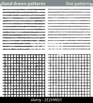 Quatre motifs sans couture faits de lignes dessinées à la main. Illustration de Vecteur