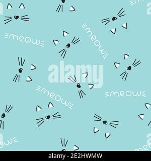 motif vectoriel sans couture avec visages de chat mignon, nez de coeur. fond bleu pour enfants, filles. motif chats meow avec coeurs. Illustration de Vecteur
