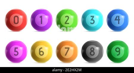 Balles de loterie de bingo avec des nombres de zéro à neuf. Vector Realistic ensemble de boules de couleur brillantes pour le jeu de lotto keno ou de billard. sphères 3d brillantes pour le jeu de casino isolées sur fond blanc Illustration de Vecteur