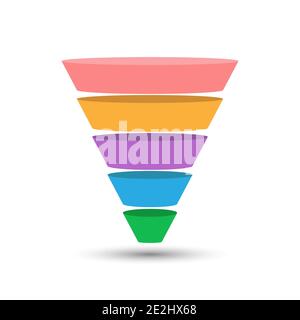 modèle de génération de prospects en 5 parties. Un entonnoir de marketing, une pyramide ou un cône de conversion des ventes. Infographies plates. Illustration de Vecteur