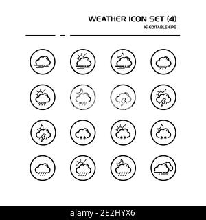 Icône de la ligne météo et météorologie définie dans un cercle. Nuages, brouillard, pluie, tempête, neige et grésil. Groupe isolé. Illustration vectorielle Illustration de Vecteur