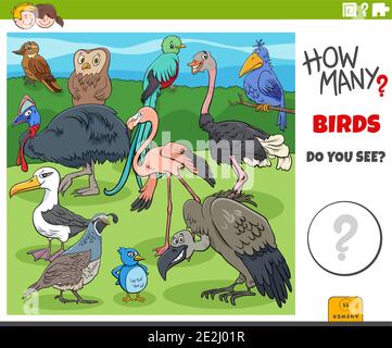 Illustration du jeu éducatif de comptage pour les enfants avec des oiseaux de bande dessinée groupe de caractères animaux Illustration de Vecteur