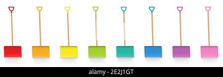 Ensemble de pousseur à neige, pelles à neige colorées, collection colorée d'outils de service de déneigement, outils d'hiver amusants - illustration en blanc. Banque D'Images