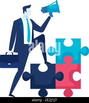 puzzle et mégaphone d'homme d'affaires élégant Illustration de Vecteur