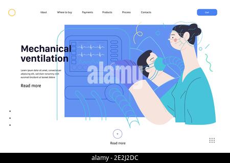 Modèle de page Web d'assurance médicale - ventilation mécanique - vecteur plat moderne concept d'illustration numérique - équipement de machine médicale de ventilateur pour Illustration de Vecteur