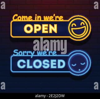 Panneaux vectoriels ouverts et fermés au néon. Éclairage Ouvrir les affiches de magasin Vector fermées sur un mur de briques. Venez, nous sommes ouverts. Désolé, nous sommes fermés. Vecteur Illustration de Vecteur