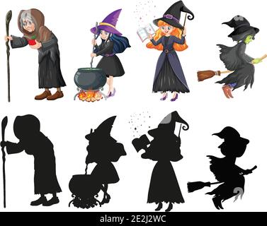 Assistant ou sorcières en couleur et silhouette personnage de dessin animé isolé sur fond blanc Illustration de Vecteur