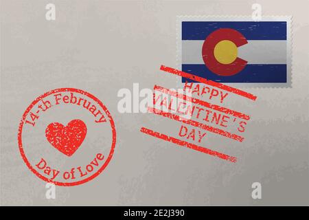 Enveloppe de timbre-poste avec drapeau américain du Colorado et timbres de Saint-Valentin, vecteur Illustration de Vecteur