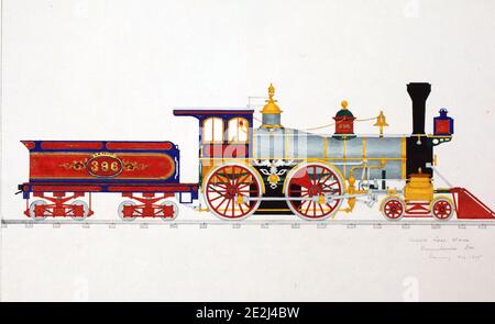 Dessin d'une locomotive rouge à huit roues du XIXe siècle Banque D'Images