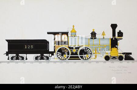 Dessin d'une locomotive à huit roues du XIXe siècle Banque D'Images