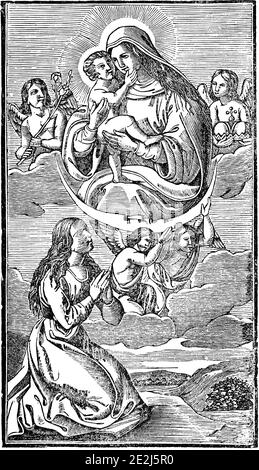 Vierge Marie tenant bébé Jésus Christ et flottant sur la lune portée par des anges ou des chérubins.Antique vintage gravure religieuse biblique ou dessin. Illustration de Vecteur