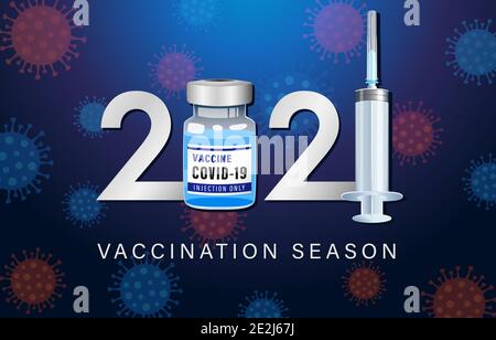 2021 saison de vaccination, prévention concept Covid-19. Flacon de vaccin contre le coronavirus, seringue médicale et bannière numéro 2021. Illustration vectorielle modifiable Illustration de Vecteur