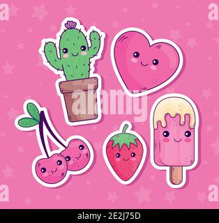 Kawaii stickers dessins animés icône ensemble de dessins vectoriels Illustration de Vecteur
