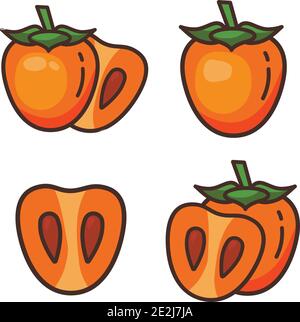 Ensemble vectoriel de la moitié colorée, de la tranche et de l'ensemble du persimmon juteux. Persimmon frais isolé sur fond blanc. Jus ou logotype de confiture. Illustration de Vecteur