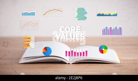 Livre ouvert avec inscription DE VALEURS FONDAMENTALES, nouveau concept d'affaires Banque D'Images