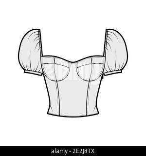 Bijou court corset-style top technique de mode illustration avec épaules bouffantes, tasses moulées, coupe ajustée, dos shirred. Modèle de vêtement plat sur le devant, couleur grise. Femmes, hommes, maillot unisexe Illustration de Vecteur