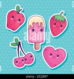 Kawaii stickers dessins animés ensemble de dessin vectoriel Illustration de Vecteur