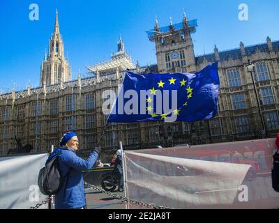 Les manifestants anti-Brexit devant les chambres du Parlement avec le drapeau de l'UE, Westminster, Londres, Royaume-Uni. Banque D'Images