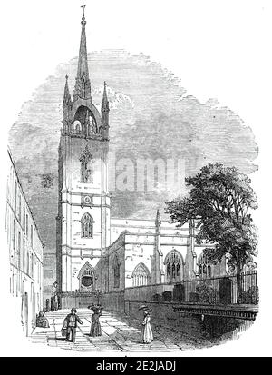 Saint-Dunstan-dans-l'est, 1844. Église de la ville de Londres. 'Cette belle église, par [Sir Christopher] Wren, est située entre Idol-Lane et la colline de Saint-Dunstan, Tour-rue... l'église est dédiée à Saint-Dunstan, Archevêque de Canterbury, après qui il s'appelle... l'ancienne église a été endommagée par le grand feu de 1666, et a été peu après réparée; mais l'élégante flèche et la tour n'ont pas été finies jusqu'en 1699. Ce sont des chefs-d'œuvre de conception et de construction... le corps de l'église ayant été seulement réparé par Wren, et ayant chuté beaucoup dans la décomposition, il a été pris et ré-buil Banque D'Images