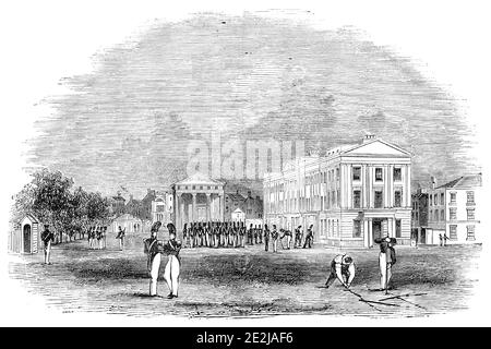 The Wellington Barracks, parc St James, 1844. Casernes militaires à Westminster, Londres, conçues par Sir Francis Smith et Philip Hardwick en 1833. De "Illustrated London News", 1844, vol V. Banque D'Images