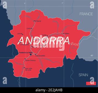 Andorre pays carte détaillée modifiable avec villes et routes. Fichier vectoriel EPS-10 Illustration de Vecteur