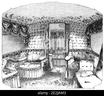 Intérieur du nouveau Royal Southampton State Carriage, 1844. « ce superbe chariot a été construit par le Southwestern Railway Company...from la conception et sous la supervision de M. Joseph Beattie... pour le transport de sa Majesté [la Reine Victoria], le Prince Consort, Et la jeune famille royale, vers et depuis leur résidence marine dans l'île de Wight... les draperies sont de cramoisi et de Damas satiné figuré blanc... le tapis est de la plus belle fabrication d'Axminster; Sous elle, et entre le cadre et le corps du chariot, se trouve une couche du brevet Kamptulicon (compo Banque D'Images