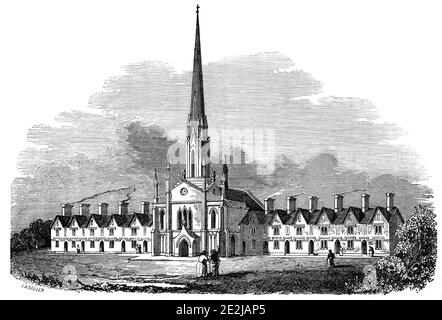 Nouvelles maisons d'alms à Northfleet, 1844. « ces bâtiments viennent d'être érigés à Northfleet [dans le Kent], d'après la conception de M. W. Chadwick, d'Adelaide-place, London-Bridge. La conception actuelle, cependant, ne comprend que douze logements - le nombre prévu étant quarante. Ils ont été construits à partir des fonds privés de M. John Huggins, de Sittingbourne, dans le Kent, et sont destinés aux refuges pacifiques des personnes qui, dans un langage commun, « ont vu de meilleurs jours »; chacun d'entre eux doit recevoir, en plus de cette demeure, une pension de vingt et un shillings par semaine. Au centre se trouve une chapelle, Banque D'Images