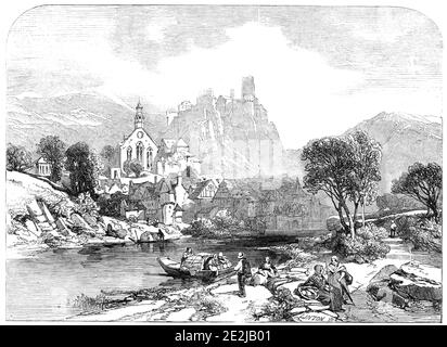 Beilstein sur la Moselle - par J.D. Harding - de la nouvelle exposition sur la couleur de l'eau, 1845. 'Cette charmante photo - une petite - a été achetée pour trente guineas... c'est certainement l'un des dessins les plus exquis de la Galerie de la Société des peintres en couleurs d'eau. La scène présente de nombreuses caractéristiques du système du Rhin (auquel appartient la Moselle)...'. De "Illustrated London News", 1845, vol VII Banque D'Images