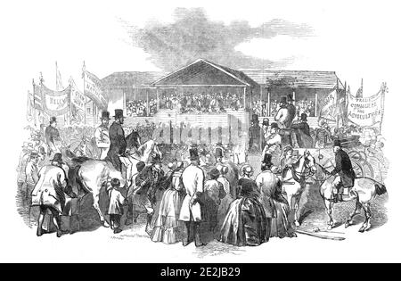 L'élection de Cambridge - la nomination, 1845. Événement politique à Cambridgeshire, les électeurs votent pour choisir leur nouveau député. "Le maire... a fait une déclaration officielle... et a déclaré que M. Kelly était dûment élu... M. [Fitzroy] Kelly s'est ensuite adressé aux électeurs. Il a été rencontré par des acclamations fortes de ses amis, et des grans et des sifflements de l'autre côté. Au cours de son discours, M. Kelly a dit: " lorsque je suis déjà venu devant vous, j'étais alors un particulier, et dans ce personnage seulement ai-je cherché vos victimes. J'ai maintenant l'honneur d'être membre du gouvernement de sa Majesté Banque D'Images