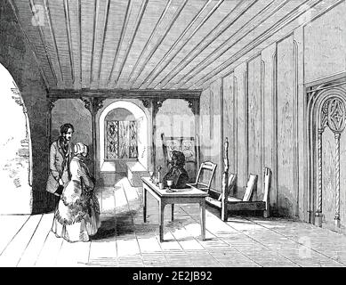 Chambre de Luther, dans la Citadelle de Coburg, 1845. 'La salle dans laquelle [Martin] Luther dormait est plus préservée dans ses integrity...several reliques de sa résidence sont encore existantes. Son lit, cassé et délabrée, quelques planches qui lui appartenaient autrefois, et quelques fragments d'une chaise se tiennent dans la même position qu'ils occupaient il y a trois siècles, quand le cadre étrieux du défrieur d'une foi ancienne coupa sur eux épuisés par le travail mental. Le zèle des pèlerins à ce sanctuaire a été tristement destructeur des objets vénérés; les poteaux du lit sont coupés et piratés à la moitié de leur original Banque D'Images