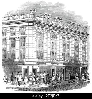 Améliorations à Londres - New Coventry Street, 1845. 'New Coventry-Street... se compose, d'un côté, d'une pile de maisons très embellies, des dessins de M. Charles Mayhew. La partie supérieure est abondamment décorée dans une sorte de goût cinque-cento, et l'effet est certainement imposant. La largeur de la rue est de 60 pieds... nous comprenons que les commissaires à l'amélioration ont l'intention de poursuivre cette ligne... ouvrant ainsi une avenue noble longtemps voulue du nord au sud de Londres... les plans seront réalisés par M. Barry, le célèbre architecte, et, combiné avec les nouvelles rues, ni Banque D'Images