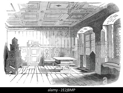 Chambre de Luther, à Wittenberg, 1845. Le Lutherhaus, construit en 1504 dans le cadre de l'Université de Wittenberg en Allemagne, a été le foyer du réformateur protestant Martin Luther pour la majeure partie de sa vie adulte. « le plafond et les côtés sont peints en fleurs. Dans le siège, près de la fenêtre, le guide raconte que Luther et sa femme avaient l'habitude de s'asseoir. Les bassi relievi sur le poêle sont des représentations des quatre évangélistes. La pièce est en état de délabrement, et soutenue par des porteurs le long du centre. Par la porte qui mène à la chambre et à la salle de conférence du professeur, Pierre le Grand a inscrit son nom. Po Banque D'Images