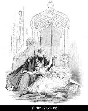 Mademoiselle Dumilatre, dans le nouveau ballet de "The Corsair", au Drury Lane Theatre, 1844. Ballerine française ad&#xe8;le Dumil&#xe2;être étoilé dans une scène londonienne de la production d'un ballet basé sur un conte en verset par Lord Byron. '... le Cabinet de Seide, la scène d'ouverture de l'Acte 111., où le Pasha turc se jette sur un canapé, et Gulnare l'approche; se confiant dans l'influence de ses charmes pour obtenir le pardon de son libérateur, Conrad'. De "Illustrated London News", 1844, vol V. Banque D'Images