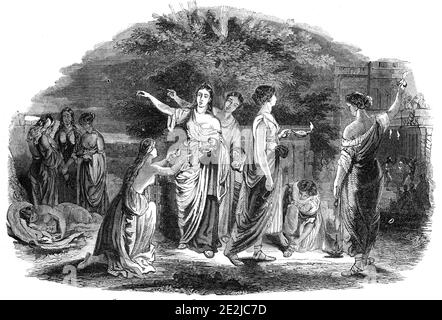 The Wise and idiot Virgins, dans l'exposition de l'Académie royale, peint par Lauder, 1844. Scène de la parabole biblique, après une peinture de James Eckford Lauder. De "Illustrated London News", 1844, vol V. Banque D'Images